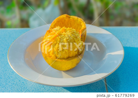 Aegle marmelos, Bael, Bael fruit, Elephant’s Apple, on the plate, local fruit in Thailand. 61779269