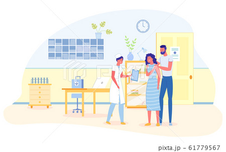 Young Couple Talking to Female Doctor in Hospital. 61779567
