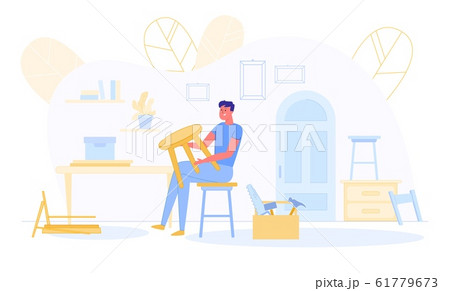 Young Man Carpenter Wood Carver Make Wooden Stool. Young Man Carpenter Wood Carver Make Wooden Stool. 61779673