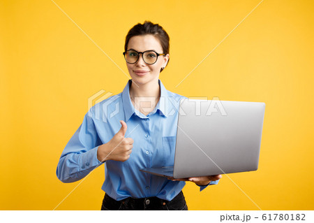 Glad businesswoman thumbs up. Good job and increase concept. Glad businesswoman thumbs up. Good job and increase concept. 61780182