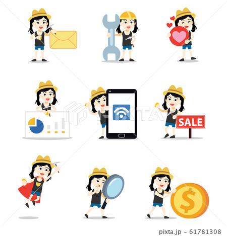 Set of character female gold digger with mining tools. Set of character female gold digger with mining tools. 61781308