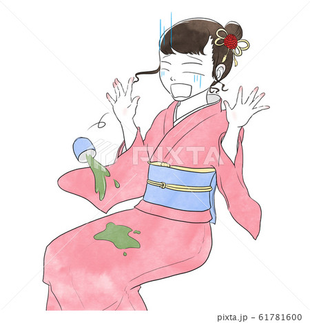 お茶をこぼしてショックを受ける着物を着た女性(左向きコミカル) 61781600