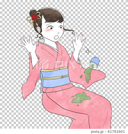 お茶をこぼしてショックを受ける着物を着た女性(右向き) 61781601