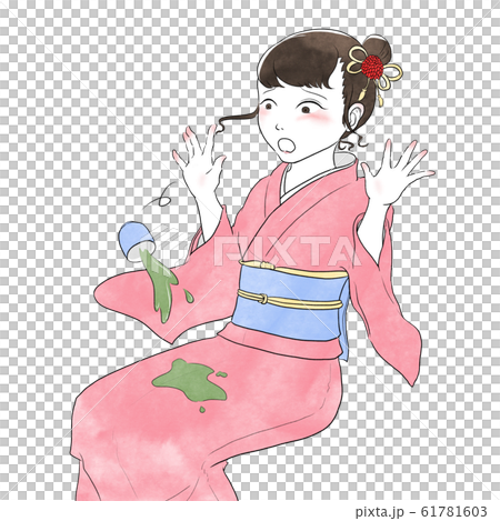 お茶をこぼしてショックを受ける着物を着た女性(左向き) お茶をこぼしてショックを受ける着物を着た女性(左向き) 61781603