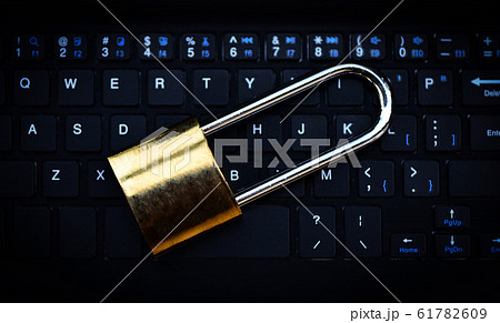 Data security systems computer with locked padlock Data security systems computer with locked padlock 61782609