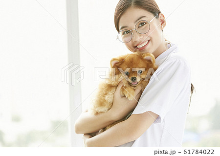 小型犬の診察を行う若い女性 61784022