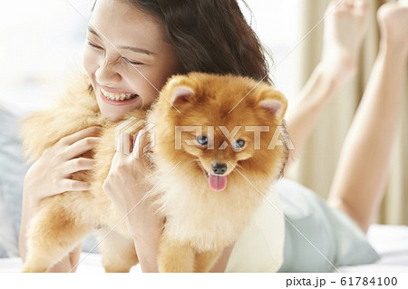 小型犬と暮らす若い女性 61784100