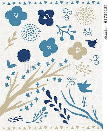 北欧レトロの鳥と植物のベクターイラストのイラスト素材 61786180