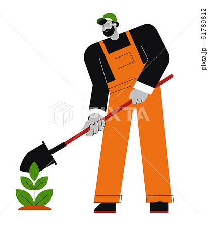 Gardener with spade planting tree or vegetable, isolated character 61789812