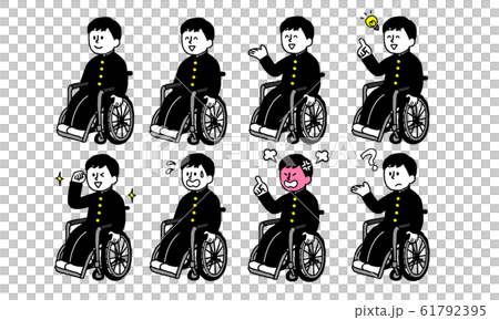 車椅子に乗る学ラン男子セット シンプル のイラスト素材