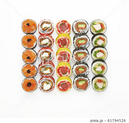 Sushi roll set isolated on white background. Top view, flat lay 61794526