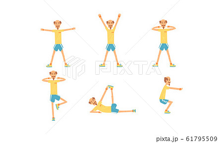 Cheerful Mature Man Doing Morning Exercises Collection, Aged Person Doing Sports, People Engaged in Sports Vector Illustration 61795509