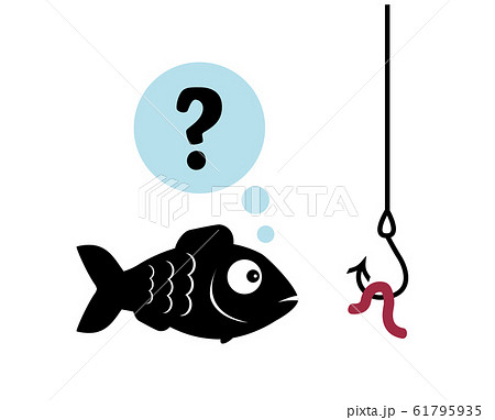 the fish looks at the worm on a fishing hook and thinks to eat it or not the fish looks at the worm on a fishing hook and thinks to eat it or not 61795935