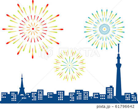 東京タワーとスカイツリーと花火 （カラー）のイラスト素材 [61796642