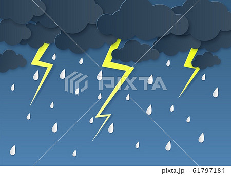 Rain thunder lightning paper cut. Rainy season, heavy rain falling water drops. Cloudy sky and flash, storm weather origami vector background Rain thunder lightning paper cut. Rainy season, heavy rain falling water drops. Cloudy sky and flash, storm weather origami vector background 61797184