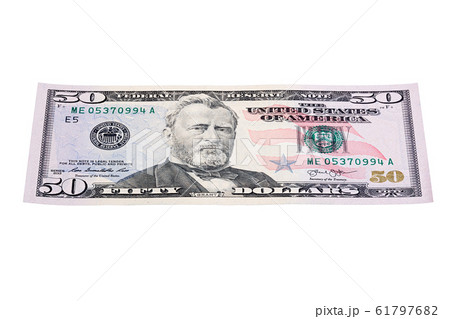 Fifty dollar banknote isolated on white, stacked photo. 61797682
