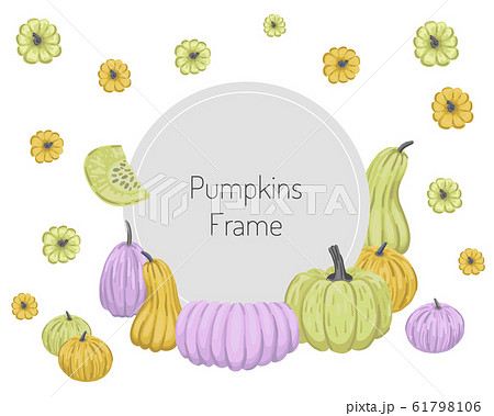 Round frame with decor of colorful pumpkins around. Vector illustration isolated on white background 61798106
