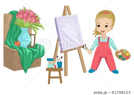 Preschooler girl paints a picture on canvas, still life with flowers. Vector illustration 61798155