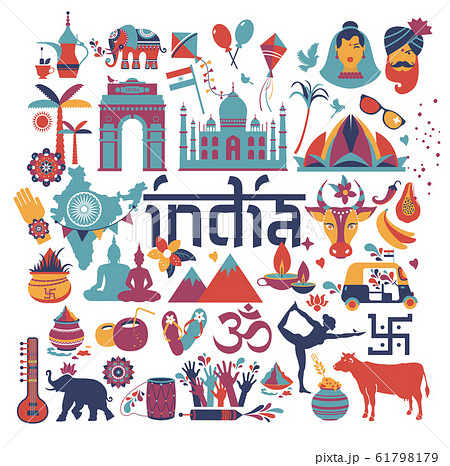 India set Asia country vector Indian architecture Asian traditions buddhism travel isolated icons and symbols. 61798179