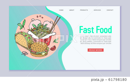 Fast food vector webpage illustration. Fast food hamburger and chinese noodles dinner in cafe, tasty set fast food. Street meal and unhealthy junk food cartoon style website. Fast food vector webpage illustration. Fast food hamburger and chinese noodles dinner in cafe, tasty set fast food. Street meal and unhealthy junk food cartoon style website. 61798180