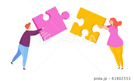 Tiny people assemble a puzzle. Metaphor of teamwork. Tiny people assemble a puzzle. Metaphor of teamwork. 61802553