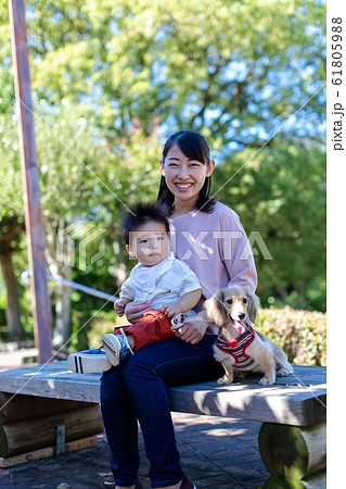 公園で遊ぶ親子と愛犬 公園で遊ぶ親子と愛犬 61805988