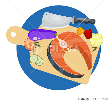 Salmon recipe cooking concept. Fresh fish steak vegetables and knife vector illustration. Salmonids fish fillets, trout with herbs and lemon 61808698