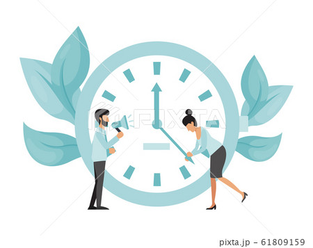 Deadline working people with big clock concept. Business woman try to stop clock arrows, man with megaphone stand. Deadline term delay problem Deadline working people with big clock concept. Business woman try to stop clock arrows, man with megaphone stand. Deadline term delay problem 61809159