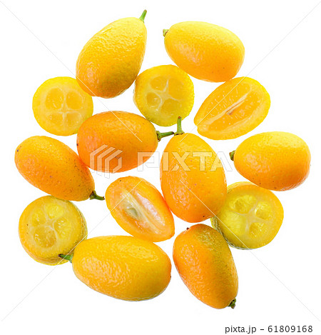 Group of fresh kumquat close up top view. 61809168