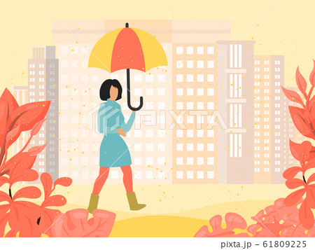 Autumn foliage park girl with umbrella vector illustration. Woman outdoor in fall garden under umbrella. Female walking in the fallen rain in coat 61809225