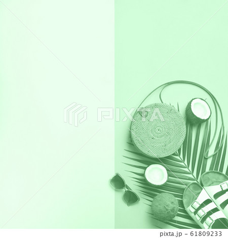 Stylish rattan bag, coconut, birkenstocks, palm branches, sunglasses on mint color background. Top view with copy space. Trendy bamboo bag and white shoes. Summer fashion flat lay 61809233
