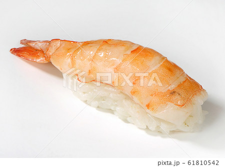 Nigiri-sushi with tiger shrimp, close-up, white Nigiri-sushi with tiger shrimp, close-up, white 61810542