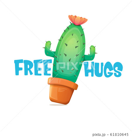 Free hugs text and cartoon green cactus in pot white on violet background. funny houseplant icon with quote or slogan for print on tee. International free hugs day concept Free hugs text and cartoon green cactus in pot white on violet background. funny houseplant icon with quote or slogan for print on tee. International free hugs day concept 61810645