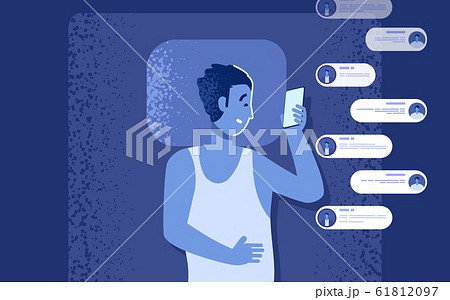 Gadget addiction problem. Flat man in bed with smartphone. Man chatting at night instead of sleep vector illustration. Social media addiction, insomnia problems 61812097