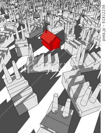 red house surrounded by many factories 61812236