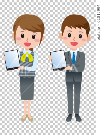 タブレットを持つ会社員 男女 イラストのイラスト素材