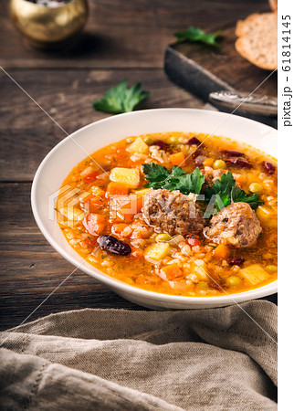 Homemade vegetable soup with meatballs Homemade vegetable soup with meatballs 61814145