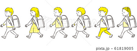 手描き1color 男の子女の子 6人 ランドセルをしょって歩くのイラスト素材