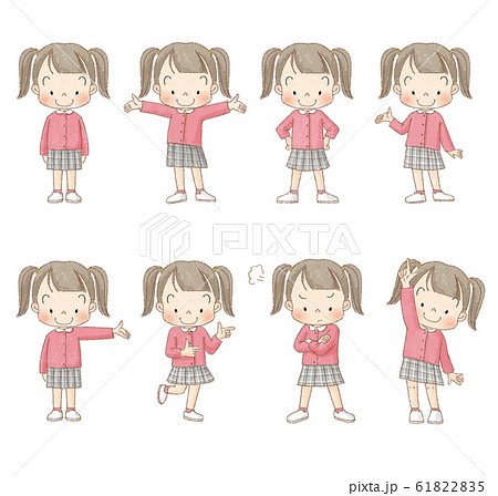 女の子 全身正面セット 茶線 のイラスト素材 6125