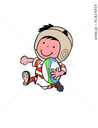 ラグビー　ボールを抱えて子供が　笑顔で　走る 61824954