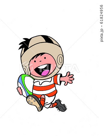 ラグビー 笑顔で子供がラグビーボールを抱えて走るのイラスト素材