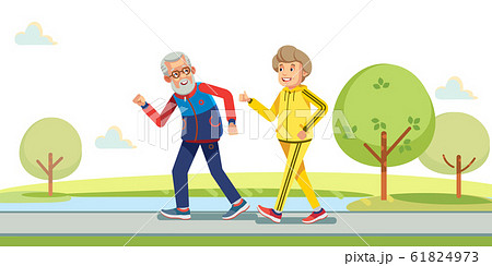 Happy active seniors running outside in green nature. Vector flat illustration. 61824973