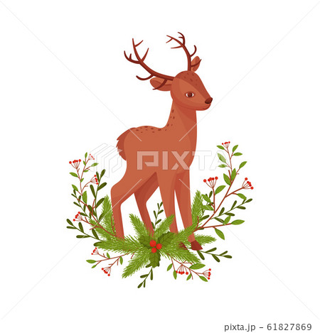 Brown Deer Near Fir Tree Twigs. Hoofed Ruminant Mammal Standing in Branches Vector Illustration Brown Deer Near Fir Tree Twigs. Hoofed Ruminant Mammal Standing in Branches Vector Illustration 61827869