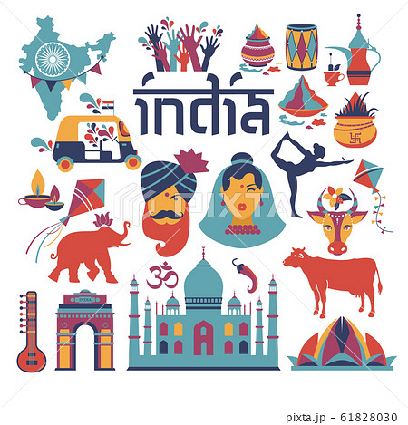 India set Asia country vector Indian architecture Asian traditions buddhism travel isolated icons and symbols. 61828030