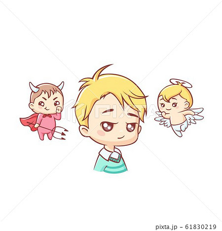 Portrait of cute little kid boy with angel and demon above his head vector graphic illustration Portrait of cute little kid boy with angel and demon above his head vector graphic illustration 61830219
