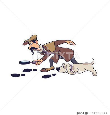 Mature male detective with dog following on track isolated on white 61830244