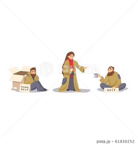 Set of cartoon poor hungry people asking food and money isolated on white Set of cartoon poor hungry people asking food and money isolated on white 61830252