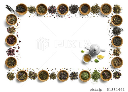 Large assortment of tea on a white background. The view from the top 61831441