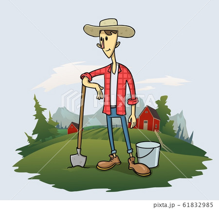 Smiling farmer with a shovel and a bucket, funny cartoon character standing on the grass with trees and mountain landscape on background. Flat vector illustration. Smiling farmer with a shovel and a bucket, funny cartoon character standing on the grass with trees and mountain landscape on background. Flat vector illustration. 61832985