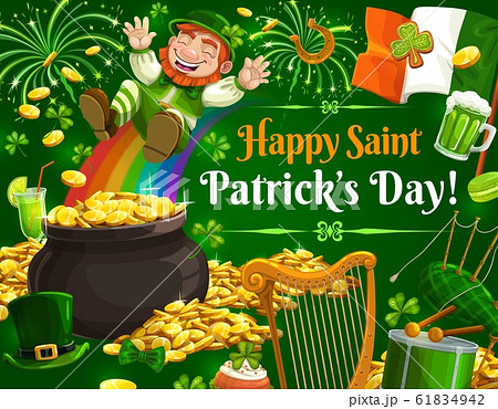Leprechaun, pot of gold and rainbow. Patricks Day 61834942